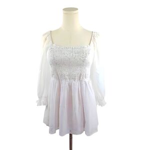White Smocked Sheer Long Sleeve Blouse S